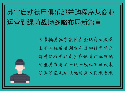 苏宁启动德甲俱乐部并购程序从商业运营到绿茵战场战略布局新篇章