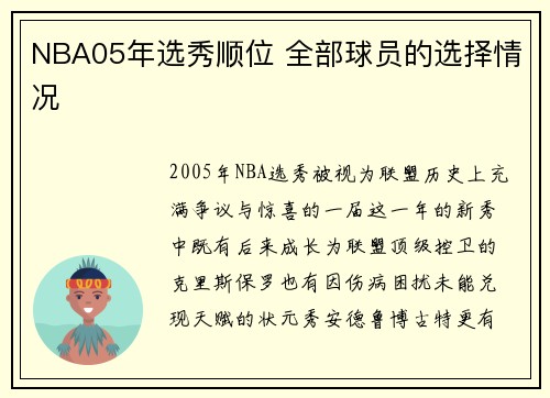 NBA05年选秀顺位 全部球员的选择情况